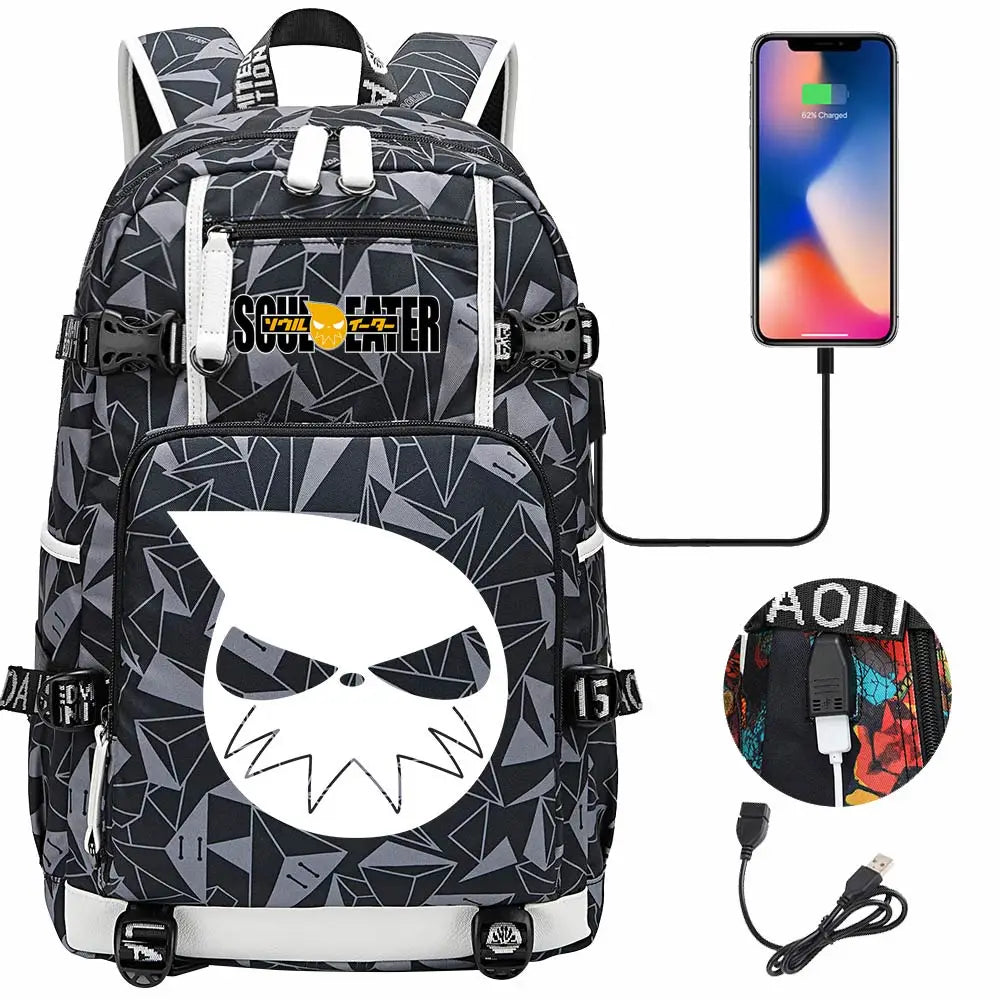 New Anime Soul Eater USB Boy Girl Book School Bags Large Capacity Teenagers Schoolbags Women Men Travel Laptop Backpack