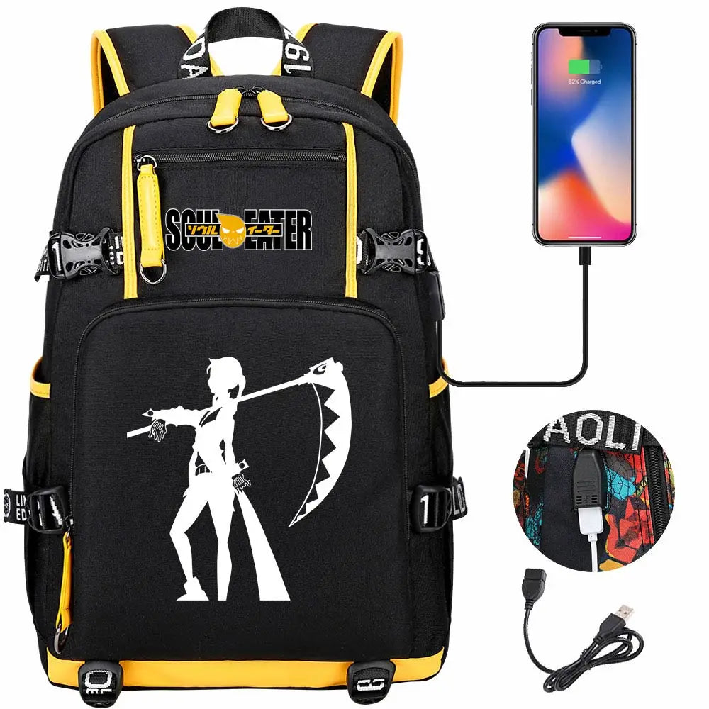 New Anime Soul Eater USB Boy Girl Book School Bags Large Capacity Teenagers Schoolbags Women Men Travel Laptop Backpack