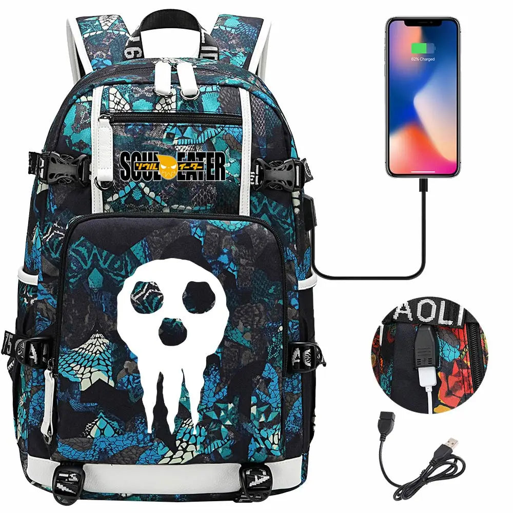 New Anime Soul Eater USB Boy Girl Book School Bags Large Capacity Teenagers Schoolbags Women Men Travel Laptop Backpack