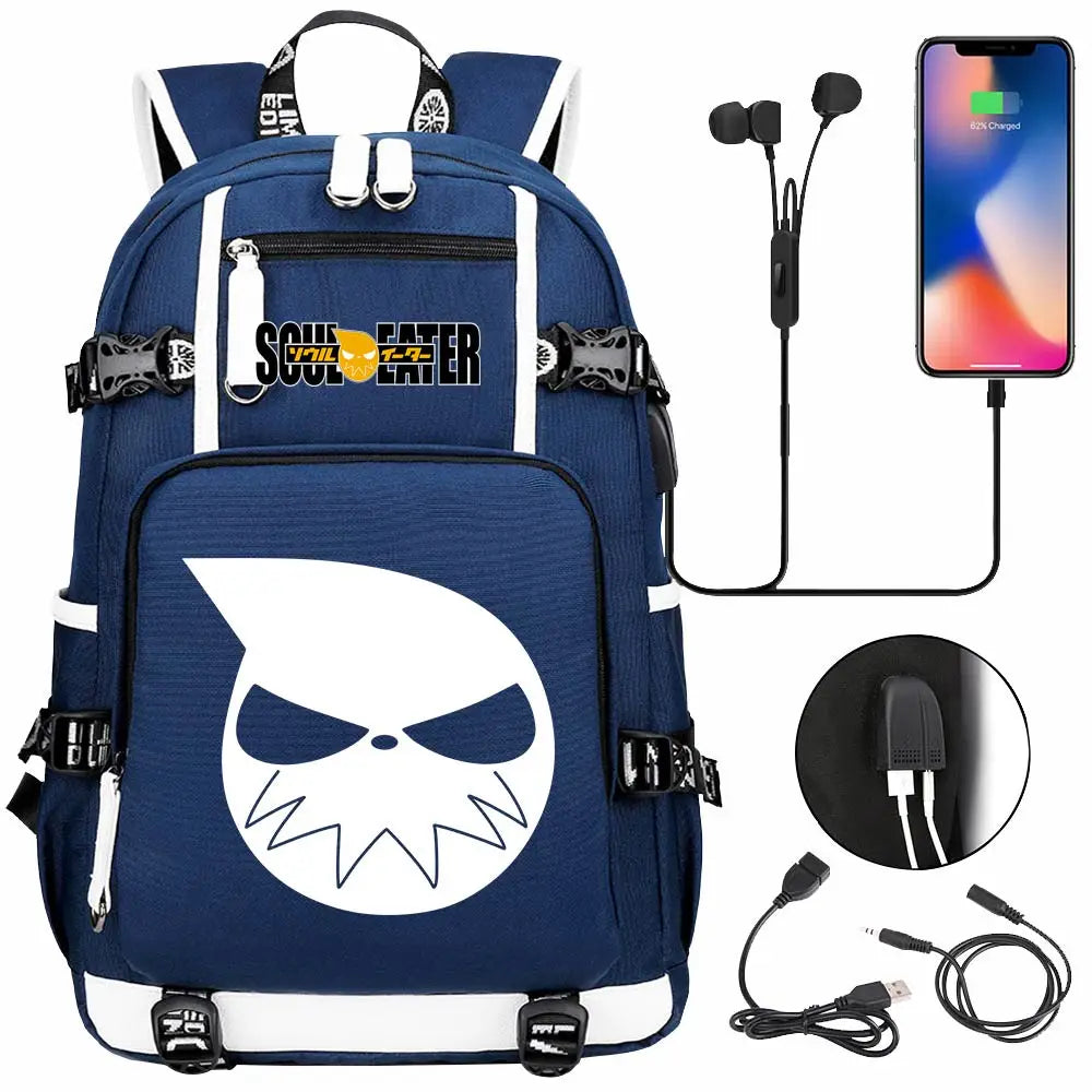 New Anime Soul Eater USB Boy Girl Book School Bags Large Capacity Teenagers Schoolbags Women Men Travel Laptop Backpack