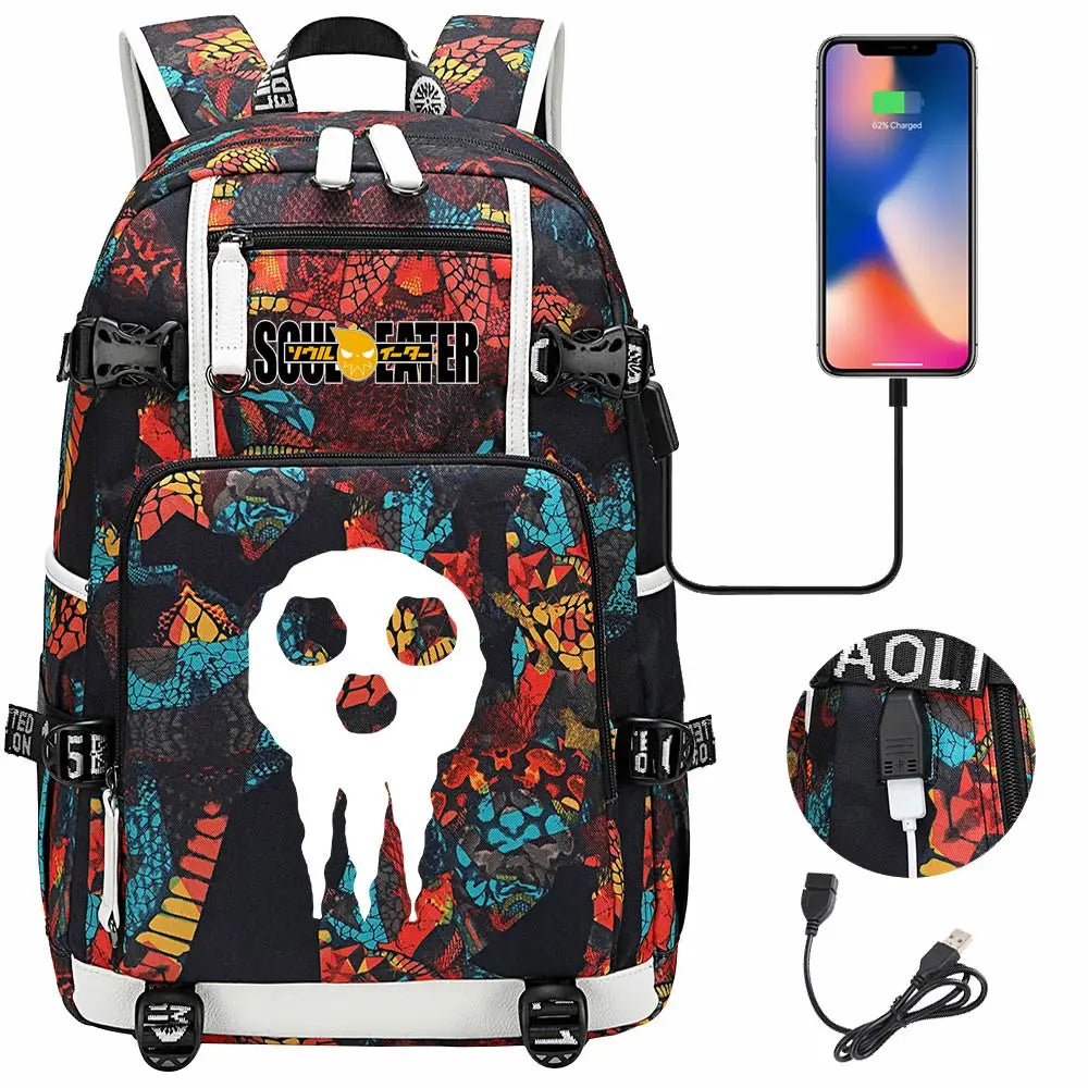 New Anime Soul Eater USB Boy Girl Book School Bags Large Capacity Teenagers Schoolbags Women Men Travel Laptop Backpack