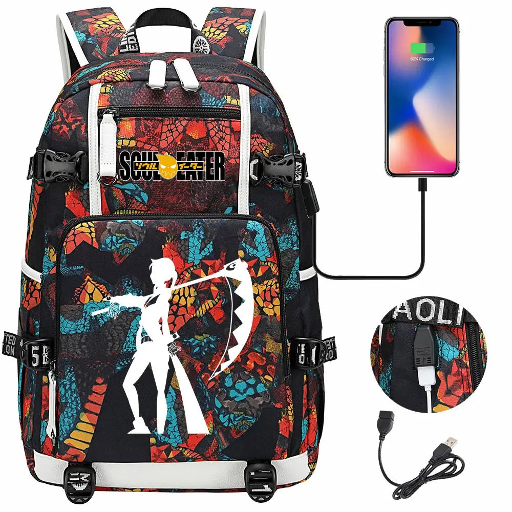 New Anime Soul Eater USB Boy Girl Book School Bags Large Capacity Teenagers Schoolbags Women Men Travel Laptop Backpack