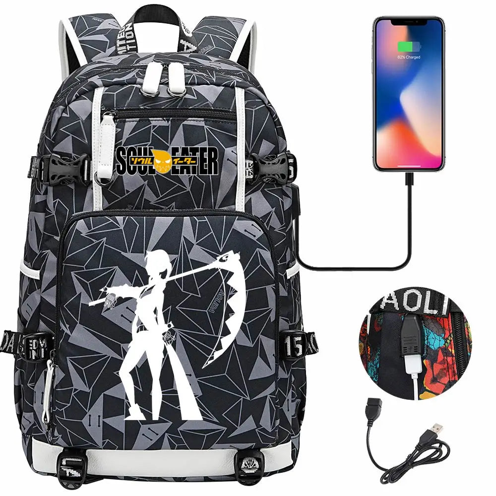 New Anime Soul Eater USB Boy Girl Book School Bags Large Capacity Teenagers Schoolbags Women Men Travel Laptop Backpack