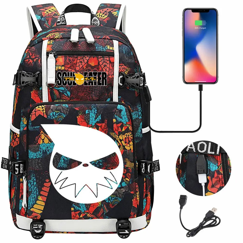 New Anime Soul Eater USB Boy Girl Book School Bags Large Capacity Teenagers Schoolbags Women Men Travel Laptop Backpack