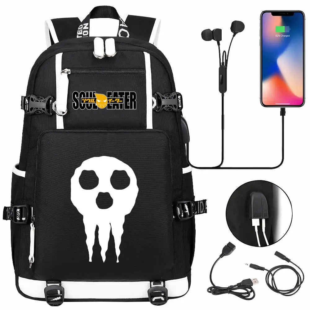 New Anime Soul Eater USB Boy Girl Book School Bags Large Capacity Teenagers Schoolbags Women Men Travel Laptop Backpack