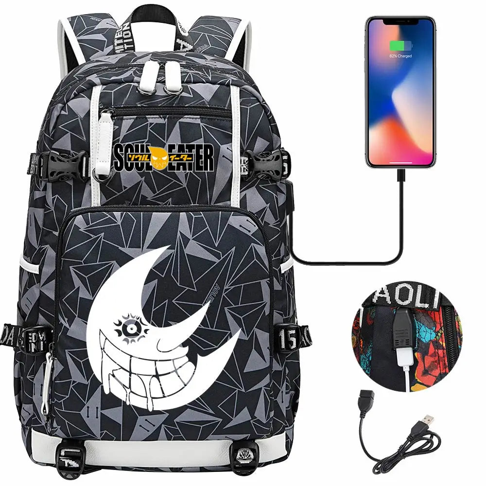 New Anime Soul Eater USB Boy Girl Book School Bags Large Capacity Teenagers Schoolbags Women Men Travel Laptop Backpack