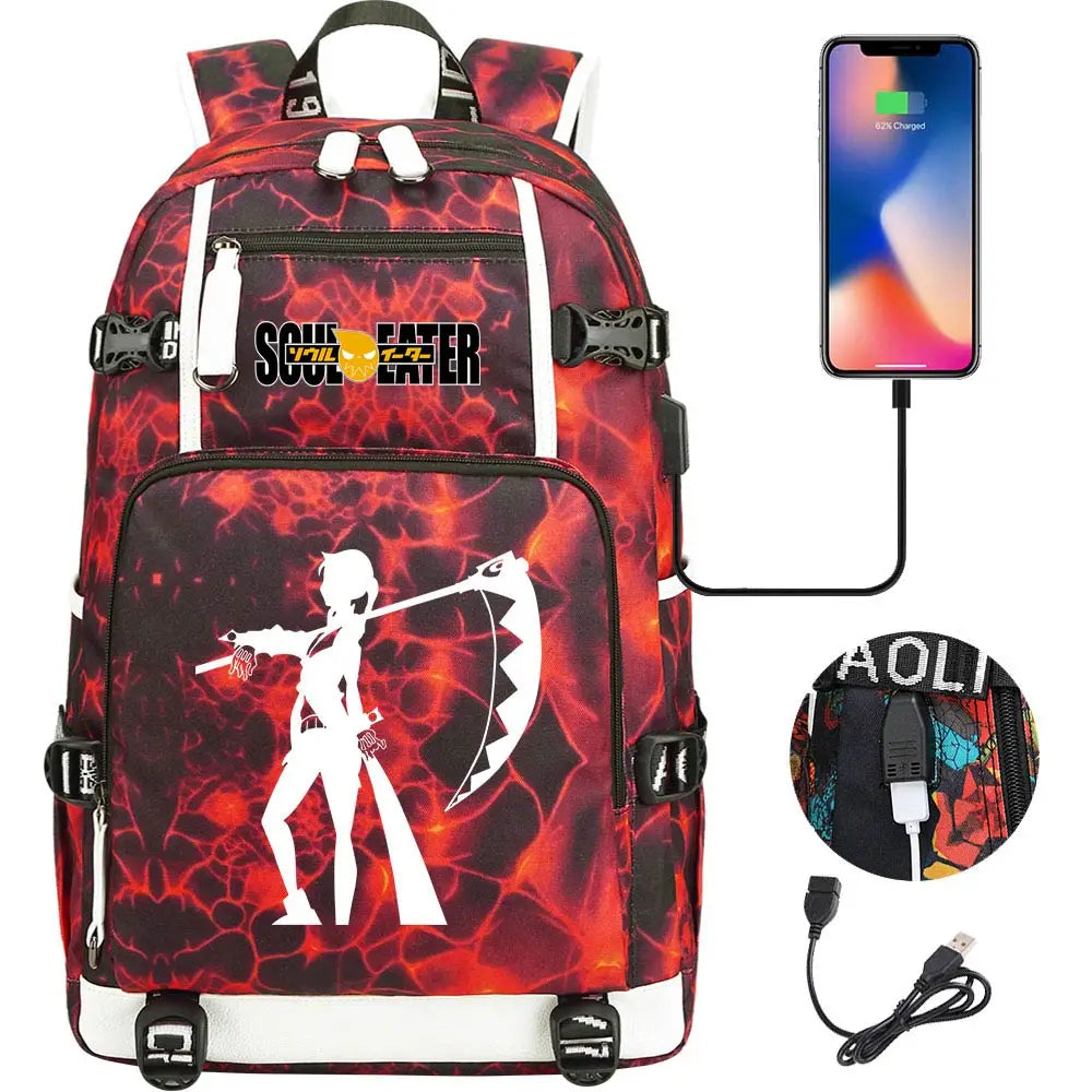 New Anime Soul Eater USB Boy Girl Book School Bags Large Capacity Teenagers Schoolbags Women Men Travel Laptop Backpack