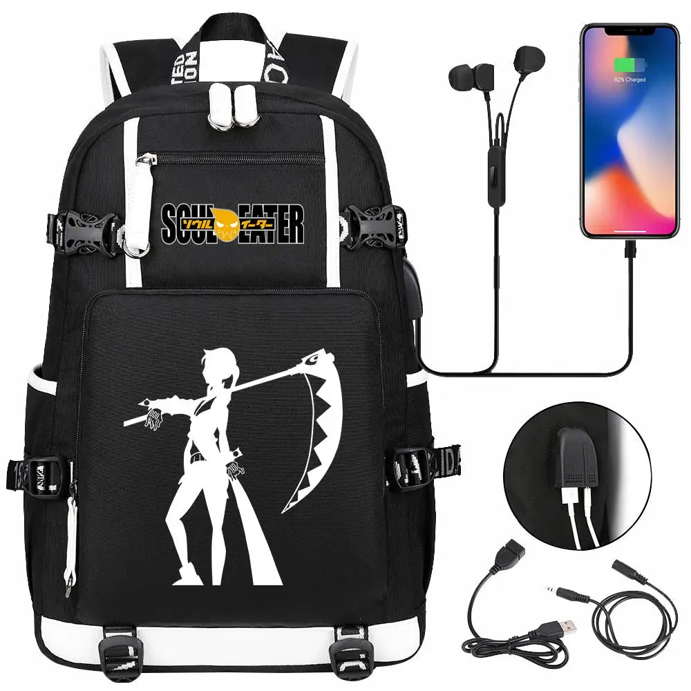 New Anime Soul Eater USB Boy Girl Book School Bags Large Capacity Teenagers Schoolbags Women Men Travel Laptop Backpack