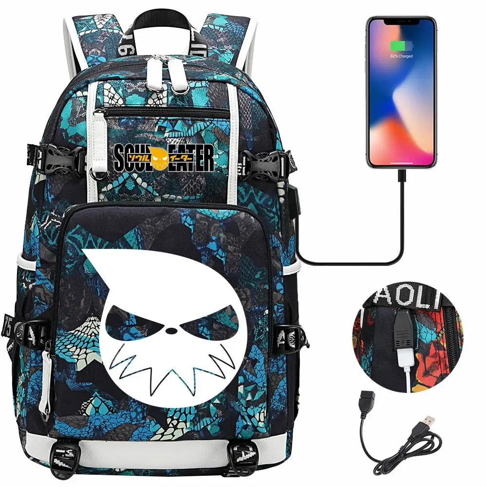 New Anime Soul Eater USB Boy Girl Book School Bags Large Capacity Teenagers Schoolbags Women Men Travel Laptop Backpack