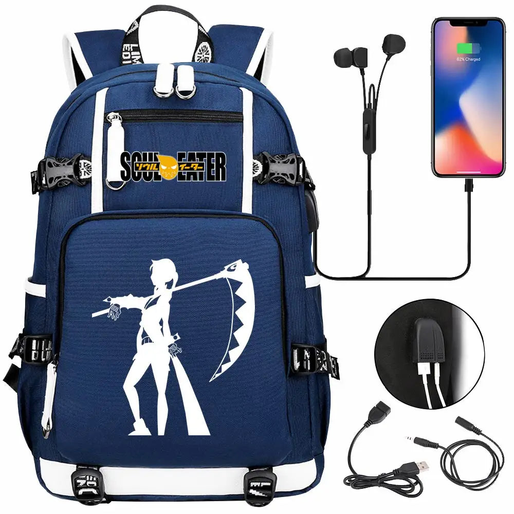 New Anime Soul Eater USB Boy Girl Book School Bags Large Capacity Teenagers Schoolbags Women Men Travel Laptop Backpack