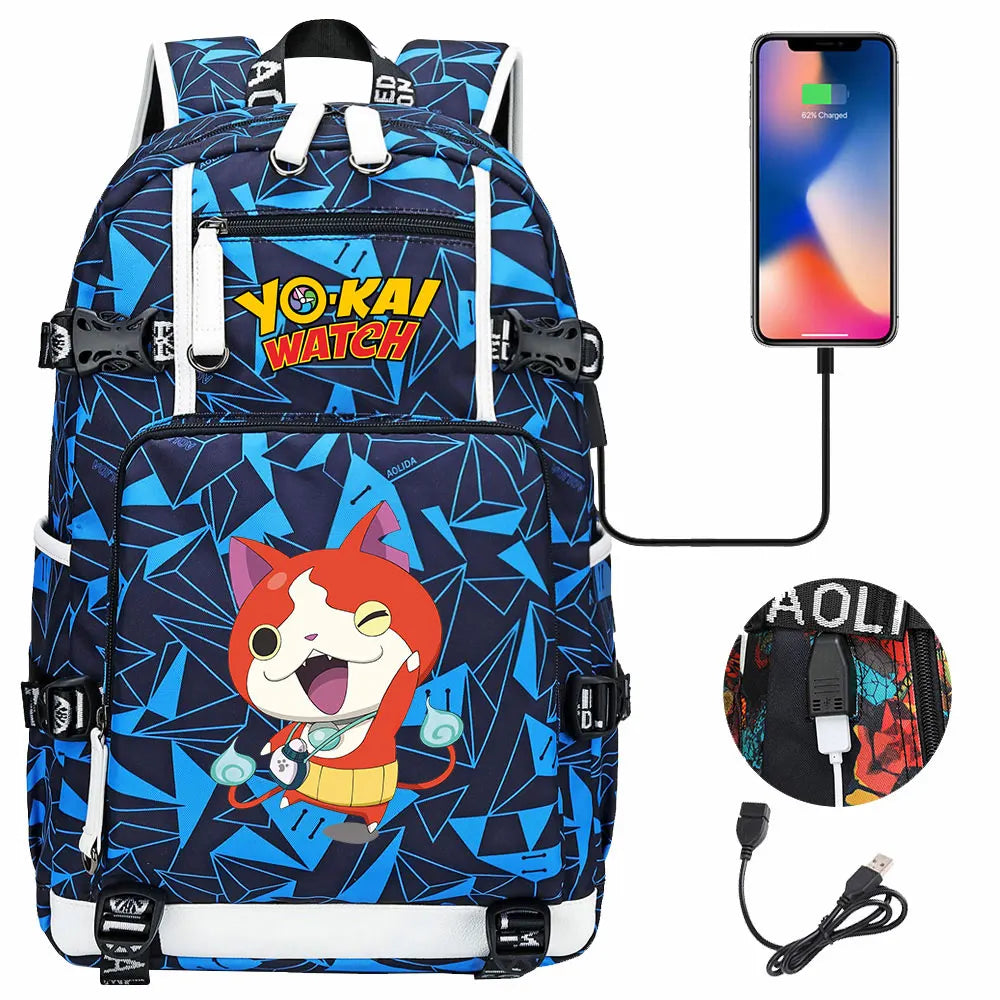 New Anime Yo Kai Watch USB Boy Girl Book School Bags Large Capacity Teenagers Schoolbags Women Men Travel Laptop Backpack