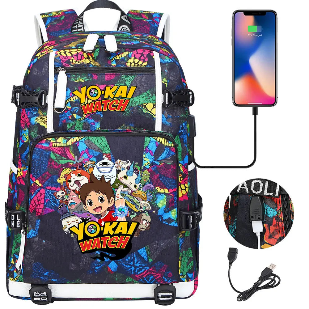 New Anime Yo Kai Watch USB Boy Girl Book School Bags Large Capacity Teenagers Schoolbags Women Men Travel Laptop Backpack