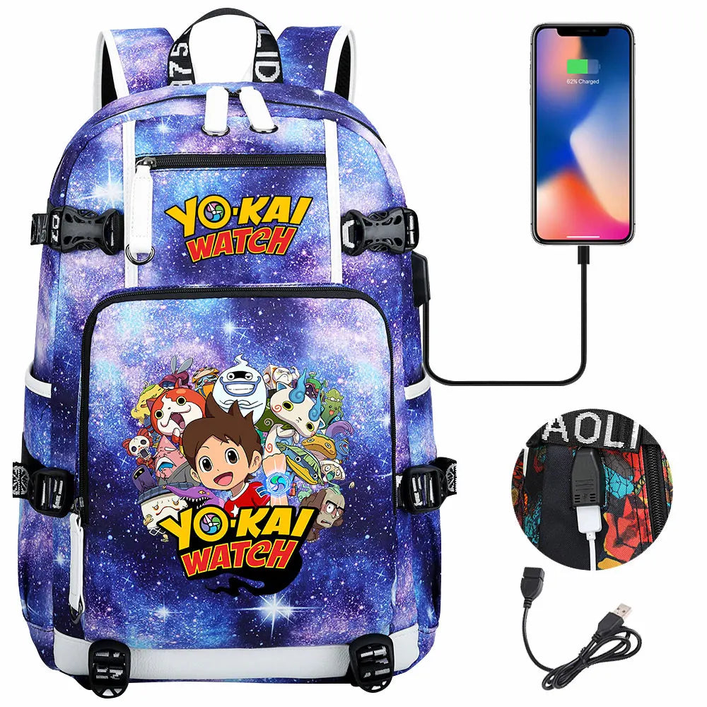 New Anime Yo Kai Watch USB Boy Girl Book School Bags Large Capacity Teenagers Schoolbags Women Men Travel Laptop Backpack