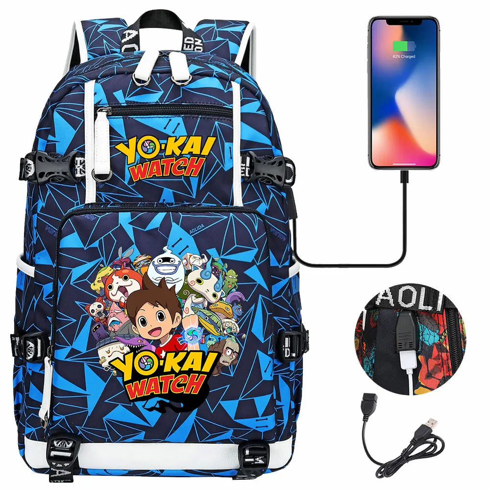 New Anime Yo Kai Watch USB Boy Girl Book School Bags Large Capacity Teenagers Schoolbags Women Men Travel Laptop Backpack