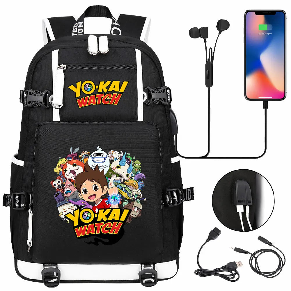 New Anime Yo Kai Watch USB Boy Girl Book School Bags Large Capacity Teenagers Schoolbags Women Men Travel Laptop Backpack