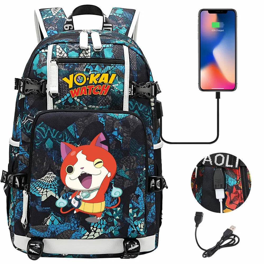 New Anime Yo Kai Watch USB Boy Girl Book School Bags Large Capacity Teenagers Schoolbags Women Men Travel Laptop Backpack