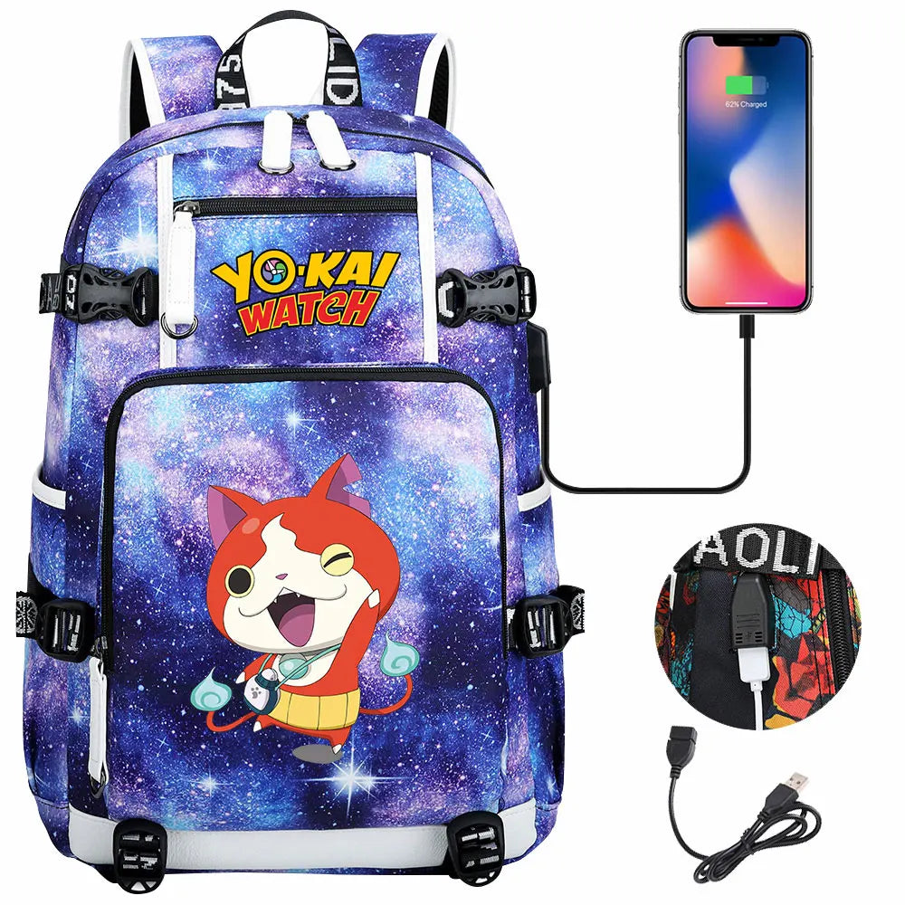 New Anime Yo Kai Watch USB Boy Girl Book School Bags Large Capacity Teenagers Schoolbags Women Men Travel Laptop Backpack
