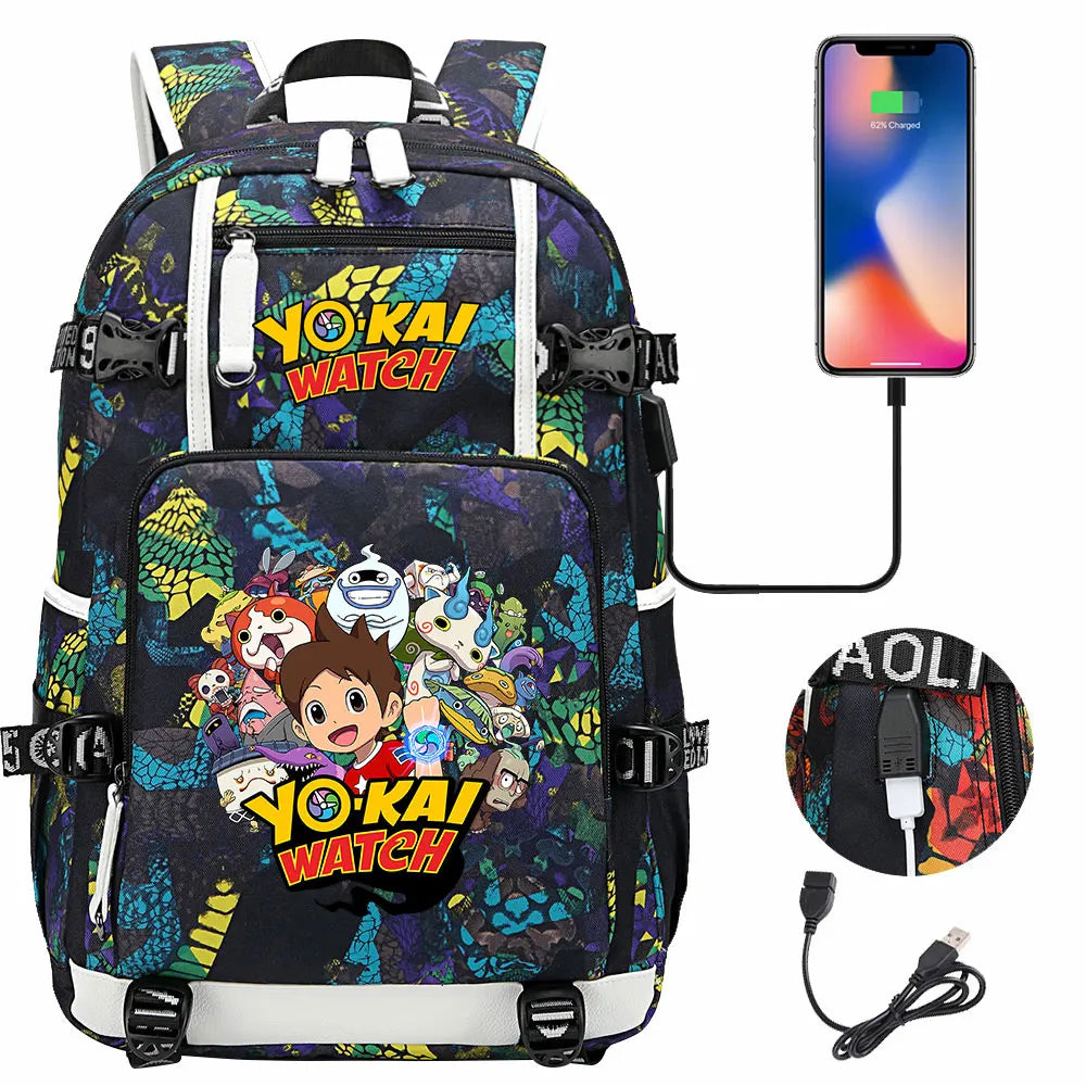 New Anime Yo Kai Watch USB Boy Girl Book School Bags Large Capacity Teenagers Schoolbags Women Men Travel Laptop Backpack