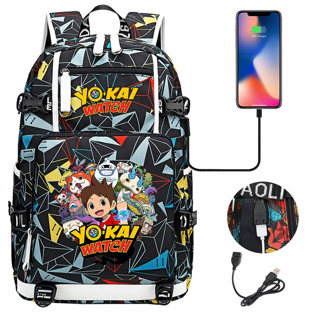 New Anime Yo Kai Watch USB Boy Girl Book School Bags Large Capacity Teenagers Schoolbags Women Men Travel Laptop Backpack