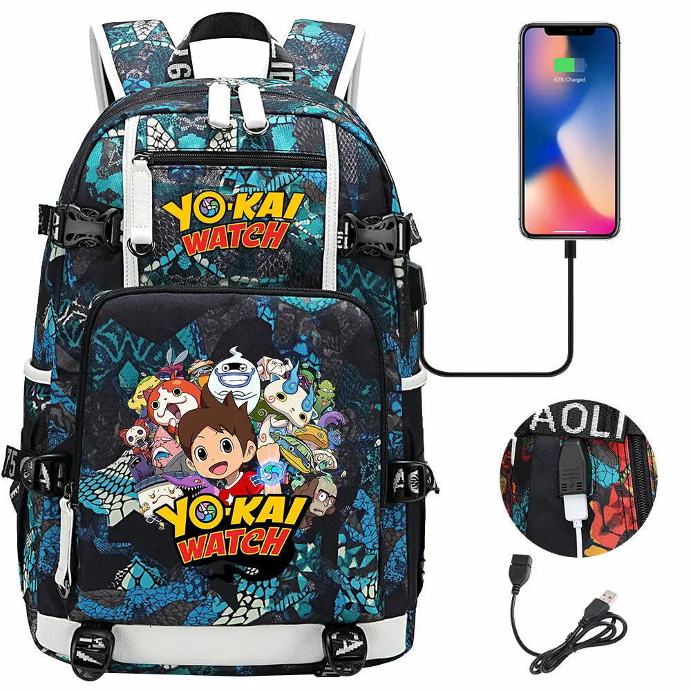 New Anime Yo Kai Watch USB Boy Girl Book School Bags Large Capacity Teenagers Schoolbags Women Men Travel Laptop Backpack