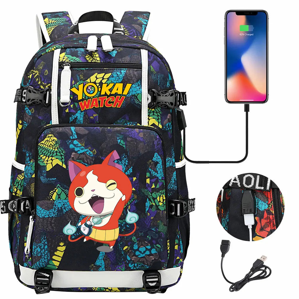 New Anime Yo Kai Watch USB Boy Girl Book School Bags Large Capacity Teenagers Schoolbags Women Men Travel Laptop Backpack