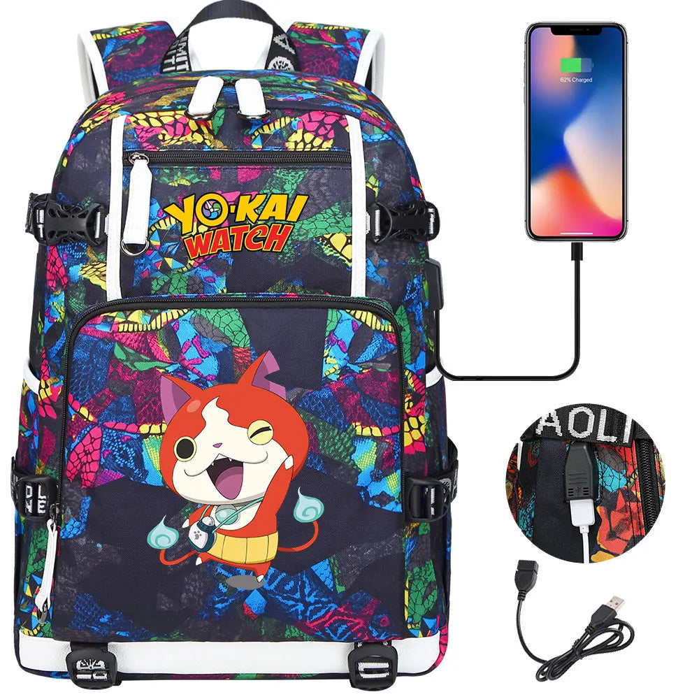 New Anime Yo Kai Watch USB Boy Girl Book School Bags Large Capacity Teenagers Schoolbags Women Men Travel Laptop Backpack