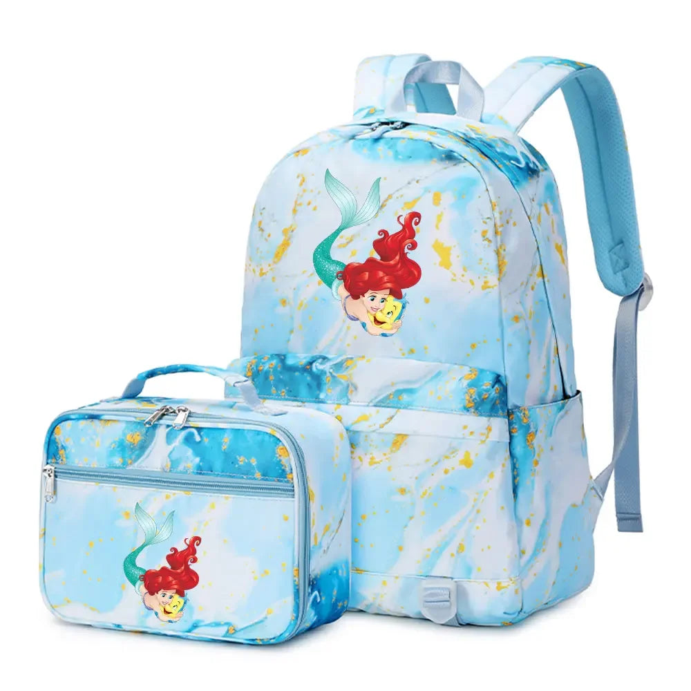 New Ariel Princess The Little Mermaid 2Pcs Boy Girl Kids School Book Bags Travel Backpack Lunch Bag for Student Teenagers Sets
