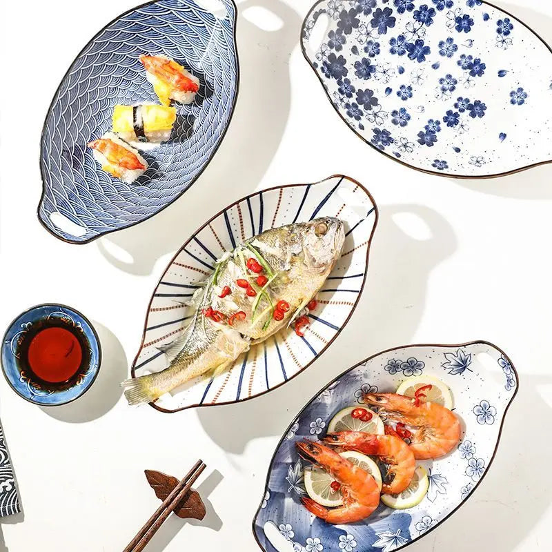 New Arrival Ceramic Fish Plate, Double-eared Dinner Plate with Aesthetics Design for Home Steaming Japanese Style Elliptical