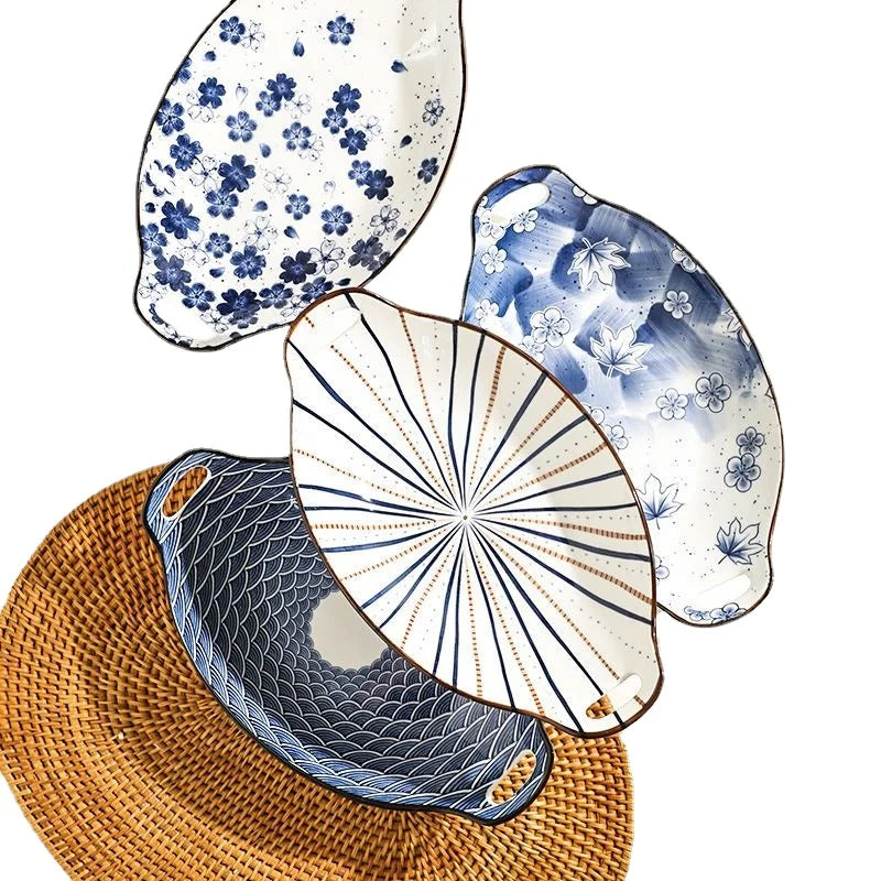 New Arrival Ceramic Fish Plate, Double-eared Dinner Plate with Aesthetics Design for Home Steaming Japanese Style Elliptical