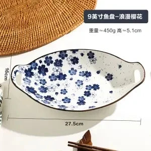New Arrival Ceramic Fish Plate, Double-eared Dinner Plate with Aesthetics Design for Home Steaming Japanese Style Elliptical