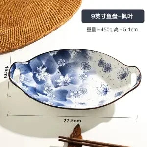 New Arrival Ceramic Fish Plate, Double-eared Dinner Plate with Aesthetics Design for Home Steaming Japanese Style Elliptical