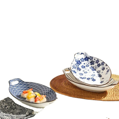 New Arrival Ceramic Fish Plate, Double-eared Dinner Plate with Aesthetics Design for Home Steaming Japanese Style Elliptical