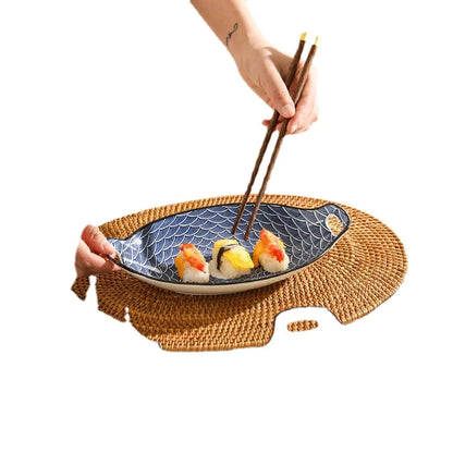 New Arrival Ceramic Fish Plate, Double-eared Dinner Plate with Aesthetics Design for Home Steaming Japanese Style Elliptical