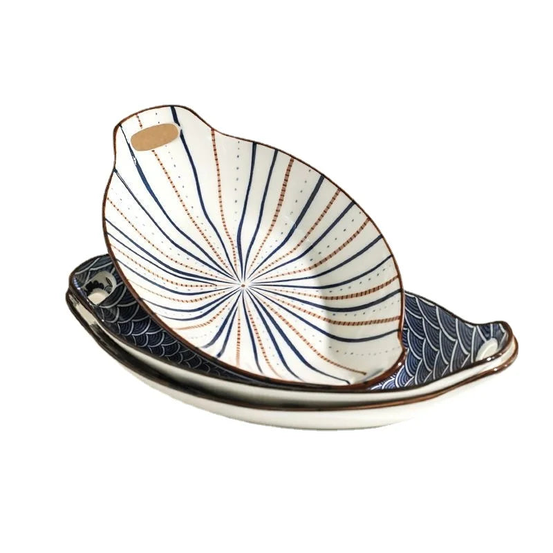New Arrival Ceramic Fish Plate, Double-eared Dinner Plate with Aesthetics Design for Home Steaming Japanese Style Elliptical