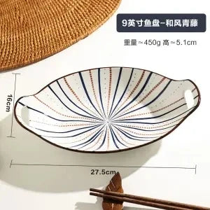 New Arrival Ceramic Fish Plate, Double-eared Dinner Plate with Aesthetics Design for Home Steaming Japanese Style Elliptical