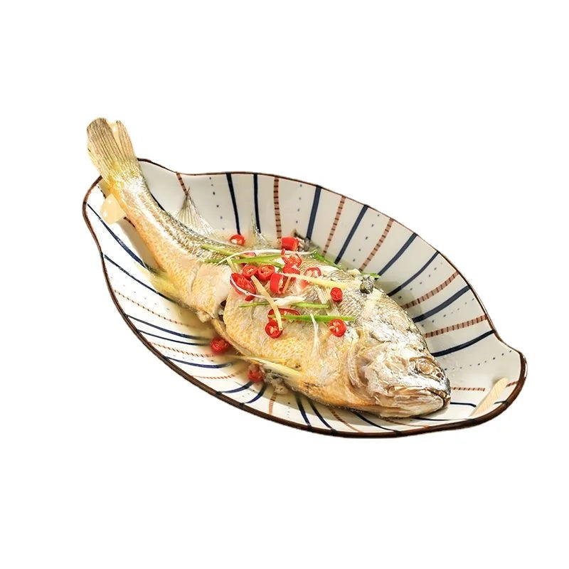 New Arrival Ceramic Fish Plate, Double-eared Dinner Plate with Aesthetics Design for Home Steaming Japanese Style Elliptical
