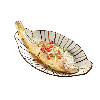 New Arrival Ceramic Fish Plate, Double-eared Dinner Plate with Aesthetics Design for Home Steaming Japanese Style Elliptical