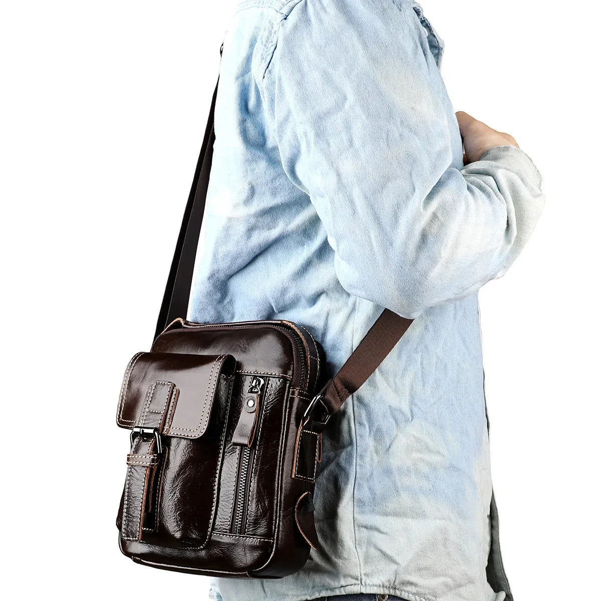 New Arrival Genuine Leather Men's Shoulder Vertical Casual Fashion Trendy Small Crossbody Bag for Phone Outdoor