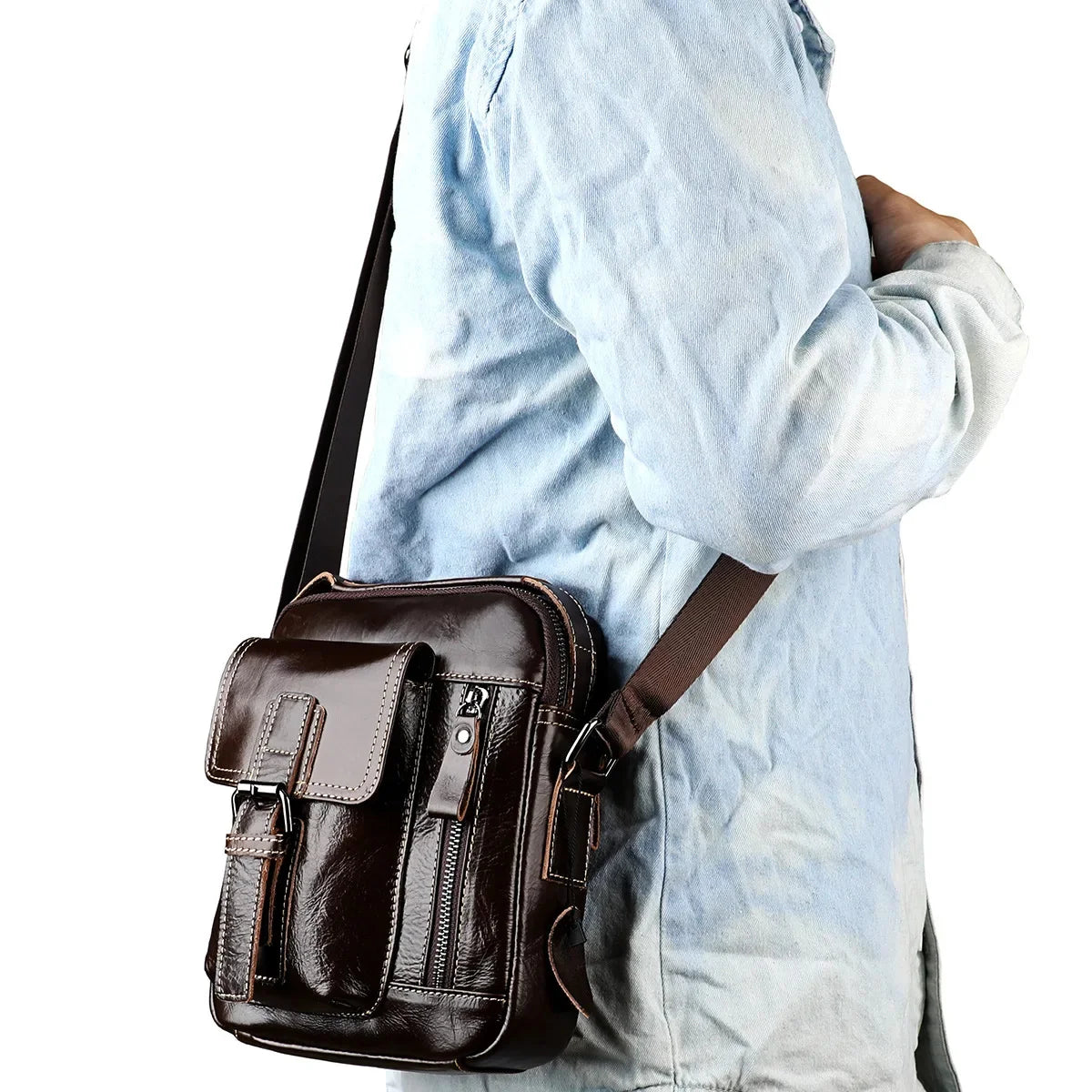 New Arrival Genuine Leather Men's Shoulder Vertical Casual Fashion Trendy Small Crossbody Bag for Phone Outdoor