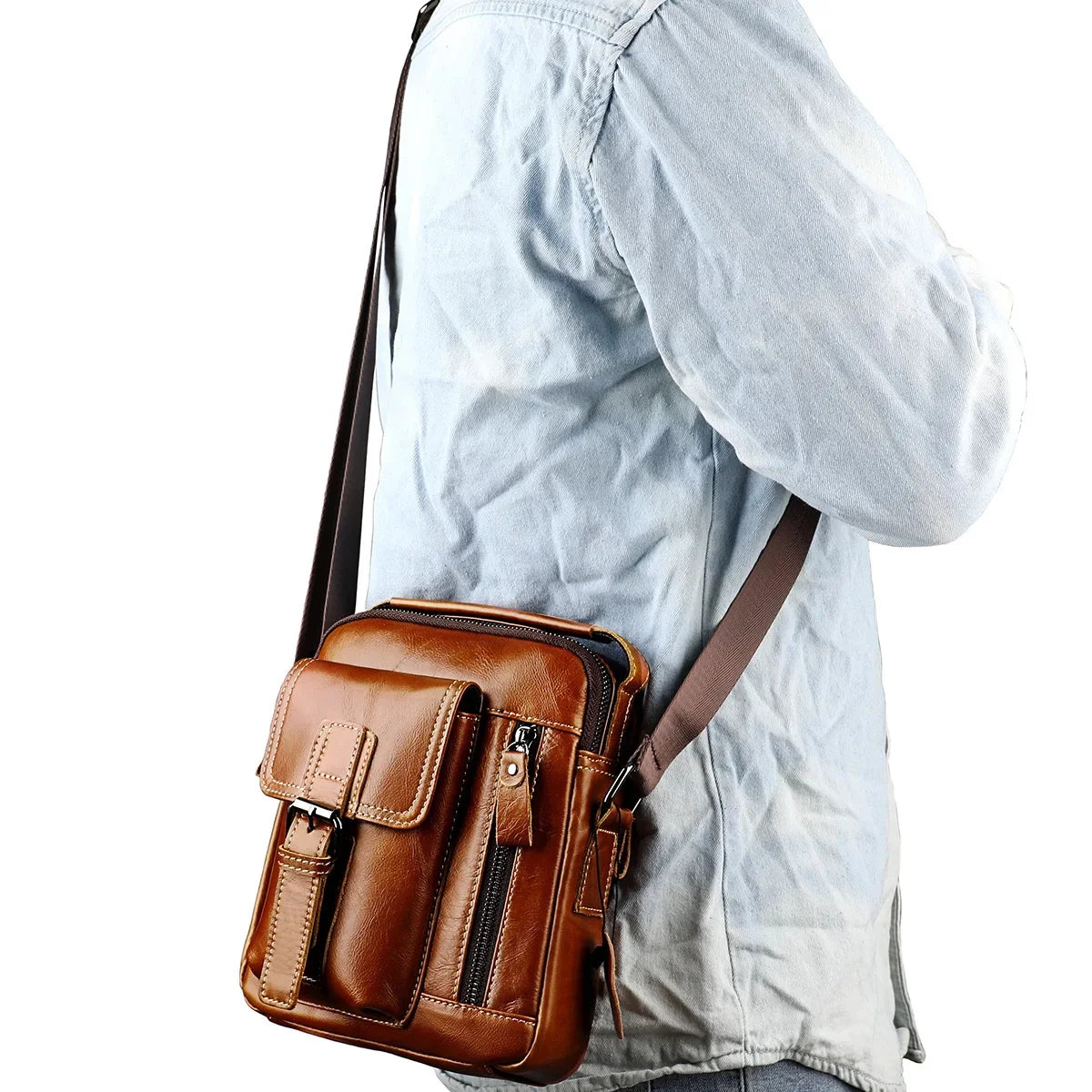 New Arrival Genuine Leather Men's Shoulder Vertical Casual Fashion Trendy Small Crossbody Bag for Phone Outdoor