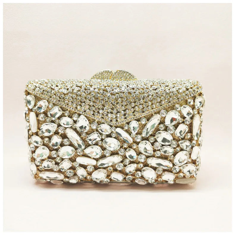 New Arrival Hollow Out Diamond Party Woman Handbag Envelope Shape White Crystal Purse Wedding Bridal Shoulder Toted Cocktail Bag