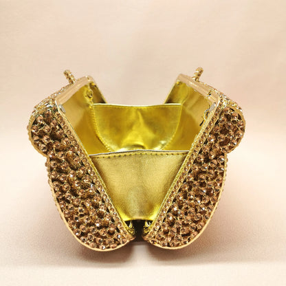 New Arrival Woman Champagne Diamond Crystal Wedding Party Bridal Evening Bag Dinner Gala Purse Birthday Banquet Hollow Handbag