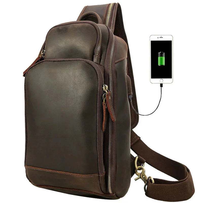 New Arrivals Mens Single Shoulder Backpack Chest Packs Genuine Leather Crosbody Bag With USB Cable