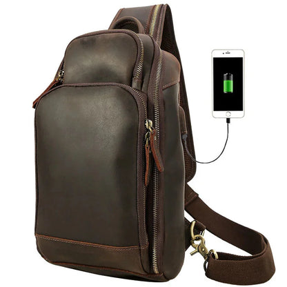 New Arrivals Mens Single Shoulder Backpack Chest Packs Genuine Leather Crosbody Bag With USB Cable