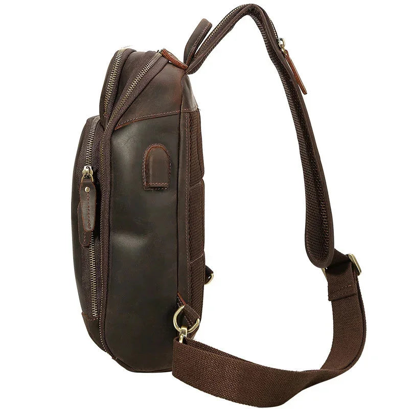New Arrivals Mens Single Shoulder Backpack Chest Packs Genuine Leather Crosbody Bag With USB Cable