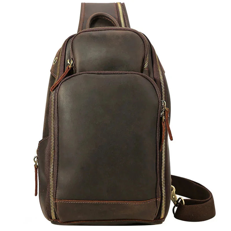 New Arrivals Mens Single Shoulder Backpack Chest Packs Genuine Leather Crosbody Bag With USB Cable