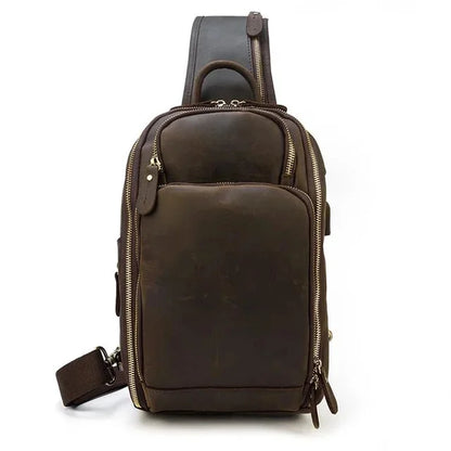 New Arrivals Mens Single Shoulder Backpack Chest Packs Genuine Leather Crosbody Bag With USB Cable