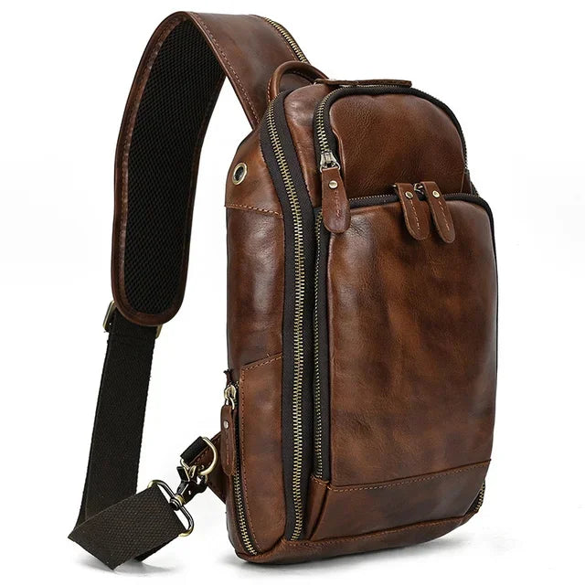 New Arrivals Mens Single Shoulder Backpack Chest Packs Genuine Leather Crosbody Bag With USB Cable