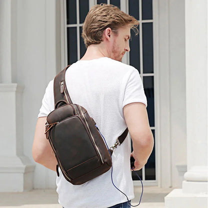 New Arrivals Mens Single Shoulder Backpack Chest Packs Genuine Leather Crosbody Bag With USB Cable