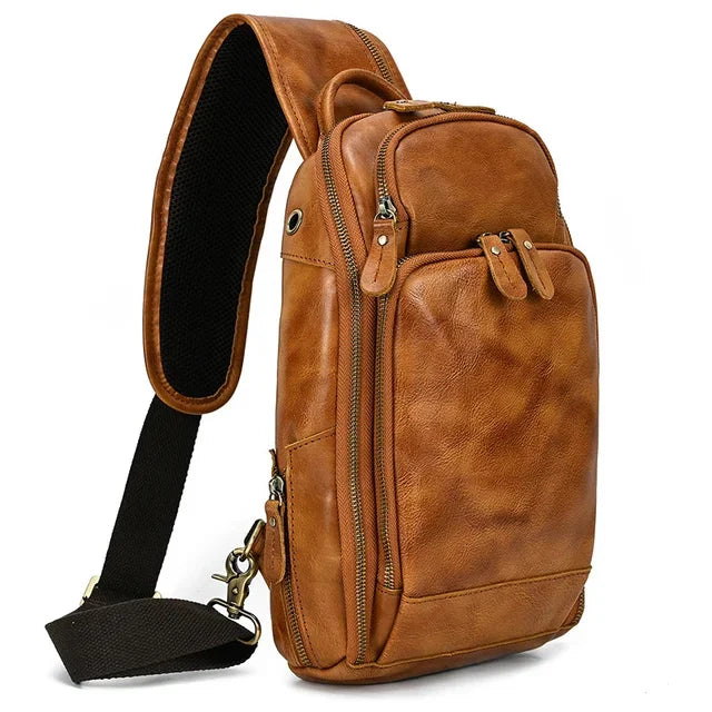 New Arrivals Mens Single Shoulder Backpack Chest Packs Genuine Leather Crosbody Bag With USB Cable
